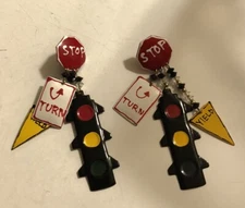 Vintage Lunch at the Ritz Traffic Sign earrings 3.25” C23