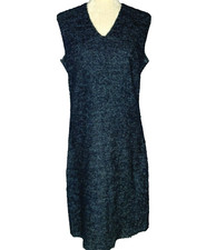 Vintage 60s Boucle Shift Dress Womens Size M Blue Lined Sleeveless Midi V Neck