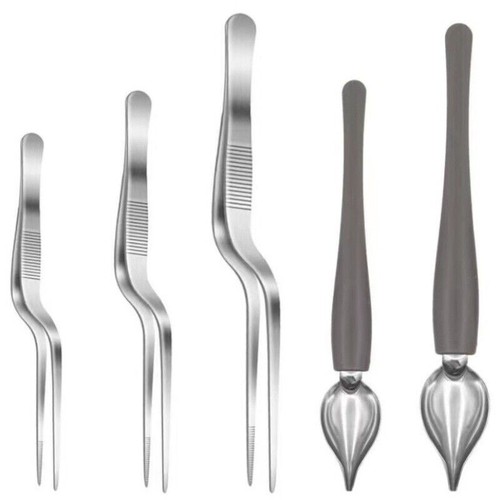 Pro Chef Plating Kit TWEEZERS Tongs Dessert Sauce Tool Spoon Kitchen Offset Set/ - Picture 1 of 8