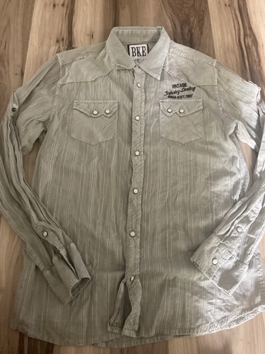 BKE vintage 67 pearl snap button long sleeve tan shirt slim fit large  - Picture 1 of 7