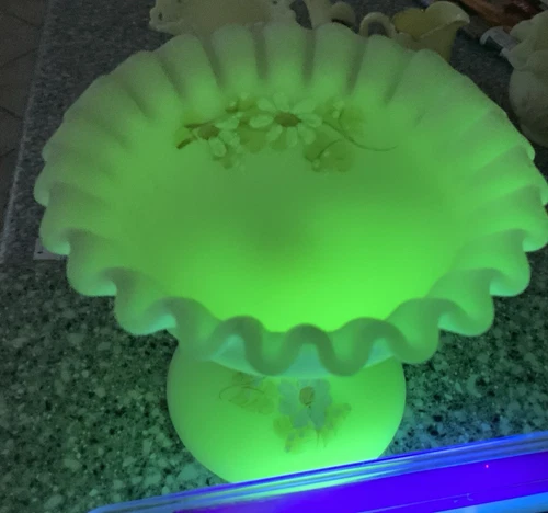 Fenton Custard Uranium Glass Pedestal Dish Ruffles Handpainted Flowers, Signed