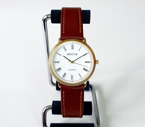 Vintage Montine Watch Mens Gold Tone White Dial Box Papers New Battery - Picture 3 of 15