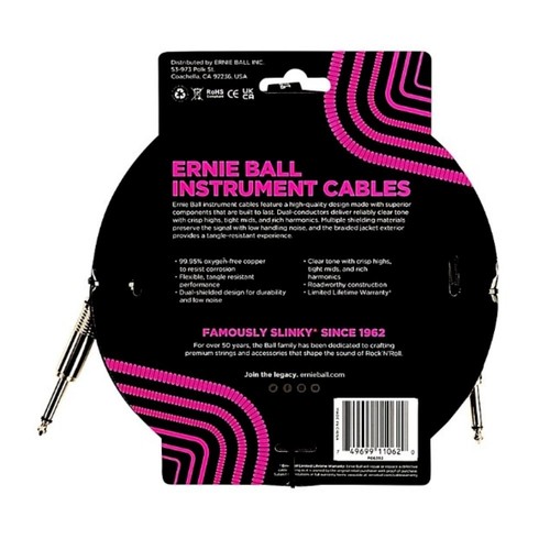 Ernie Ball Instrument/ Guitar Cable 10' Braided Straight/Straight Purple Black - Picture 7 of 8