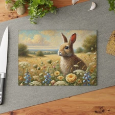Rustic Rabbit Glass Cutting Board - Countryside Meadow Bunny Kitchen Decor
