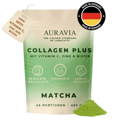 Auravia  Collagen Plus Matcha 450g Kollagen Pulver mit Vitamin C Zink und Biotin