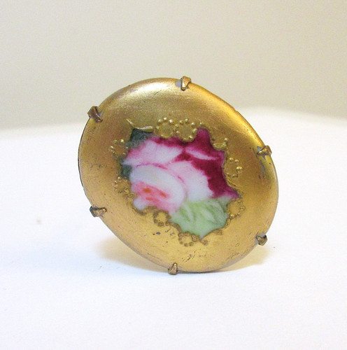 Antique Hatpin Hand-Painted Rose on Gilt Porcelain