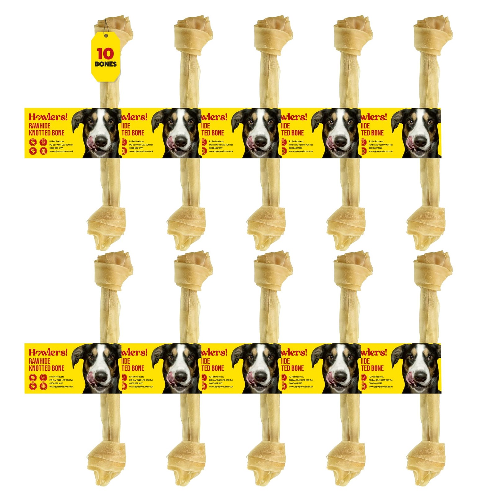 HOWLERS 31cm Large Rawhide Knotted Dog Bones Natural Chews Pack of 10
