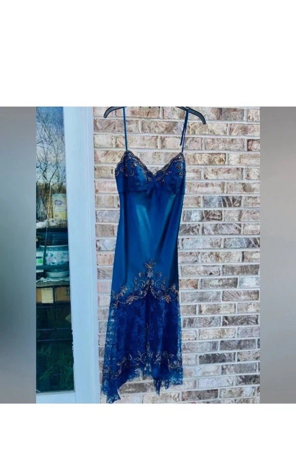 90s Navy Blue & Gold Sue Wong Mesh Beaded Lace Formal Goth Prom Dress - Image 2 of 4