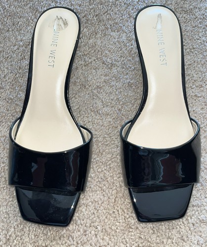 NEW Nine West Black Patent Mules WNINYA Kitten Heels Square Toe 2.5 In Heels 8 M - Picture 2 of 5