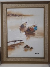 Mid Century Oil On Canvas Oriental Junk Boats - Signed - 1970s Boho