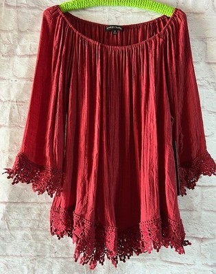 XL/1X/2X/3X  New Dark Ruby Red Light Gauze Peasant Top Lace Blouse Tunic