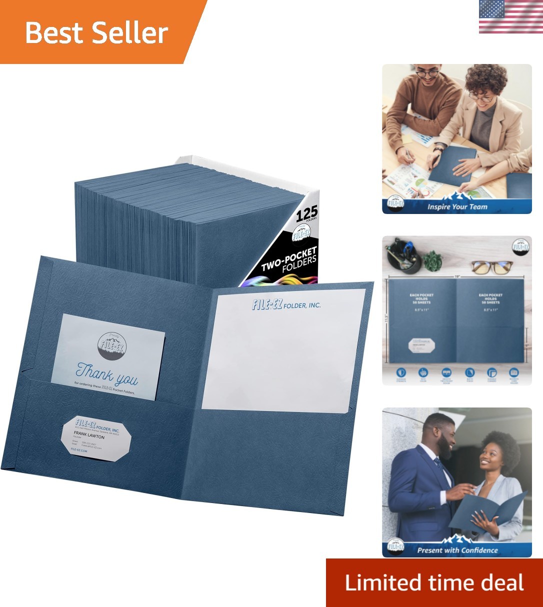 Durable Dark Blue Two-Pocket Folders, 125-Pack - Letter Size