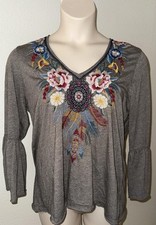 Johnny Was Floral Embroidered 3/4 Sleeve T-Shirt