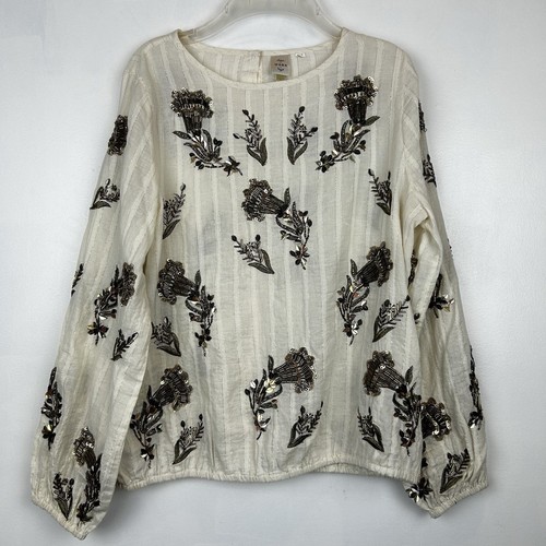 Seen Worn Kept Top Womens S Embroidered Sequin Peasant Blouse Boho Art to Wear