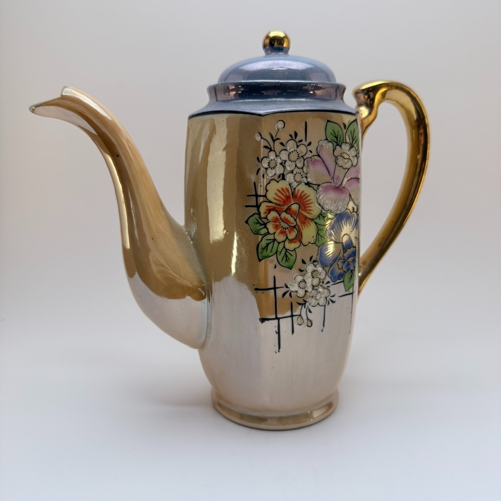 Vintage Japanese Lusterware Coffee Pot - Hand-Painted - Mid-Century