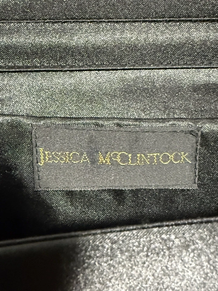 Bolso sin asas Jessica McClintock negro satinado plisado noche bolso formal Y2K Foto 4 de 4