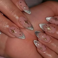 24Pcs Silver Press on Nails Medium Almond Fake Nails Diamond Glitter French Tip