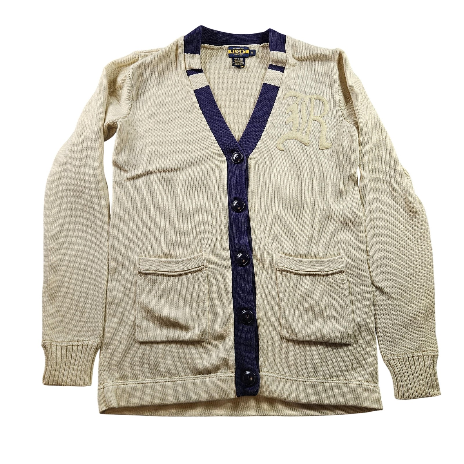 Ralph Lauren Rugby Sweater Mens Small Tan Navy Cardigan Varsity R Patch Cotton