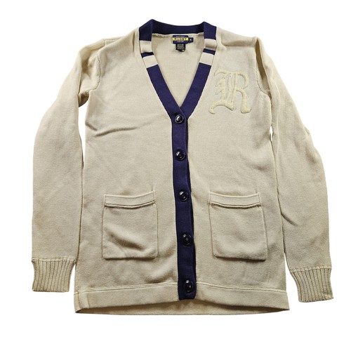 Ralph Lauren Rugby Sweater Mens Small Tan Navy Cardigan Varsity R Patch Cotton
