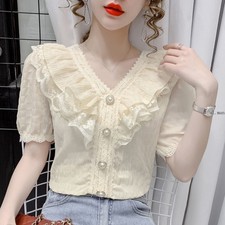 Lady Shirt Blouse Top Short Sleeve Lace Ruffle Frill V-neck Elegant Summer Sweet