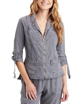 XCVI Women Raphael Jacket Blazer Blue Grey Zip Front Cargo Utility Raw Hem M NWT