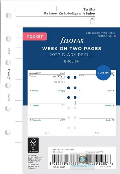 Filofax 2027 Pocket Diary - Week On Two Pages + 20 Sheets To Do Notepaper