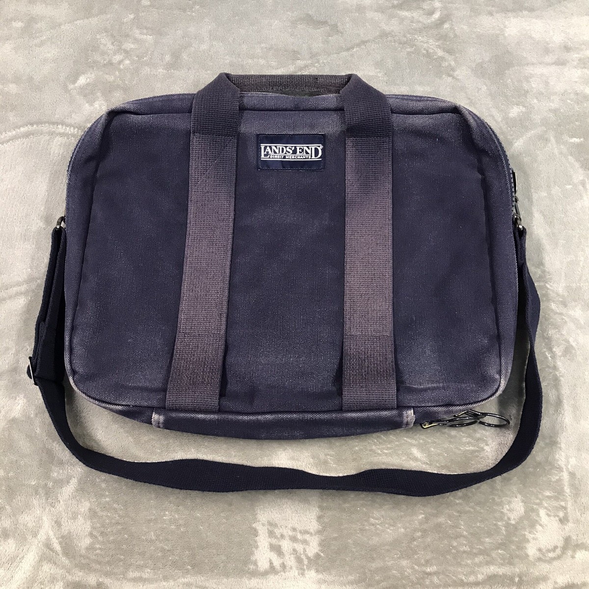 Lands End Messenger Bag Canvas Denim USA Blue Distressed Faded 90s