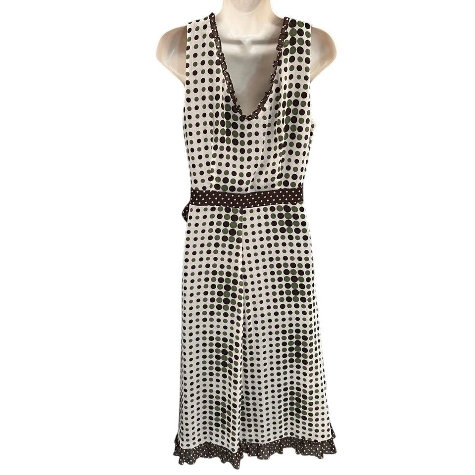 Vestido Jonathan Marcin Mujer 12 Beige Envolvente Lunares Envoltura Cottage Midi Volantes Años 90 Foto 2 de 4