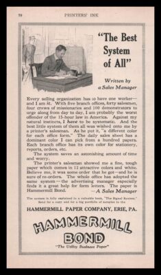 1914 Hammermill Paper Co. Erie PA ''Best System Of All'' Sales Manager Print Ad