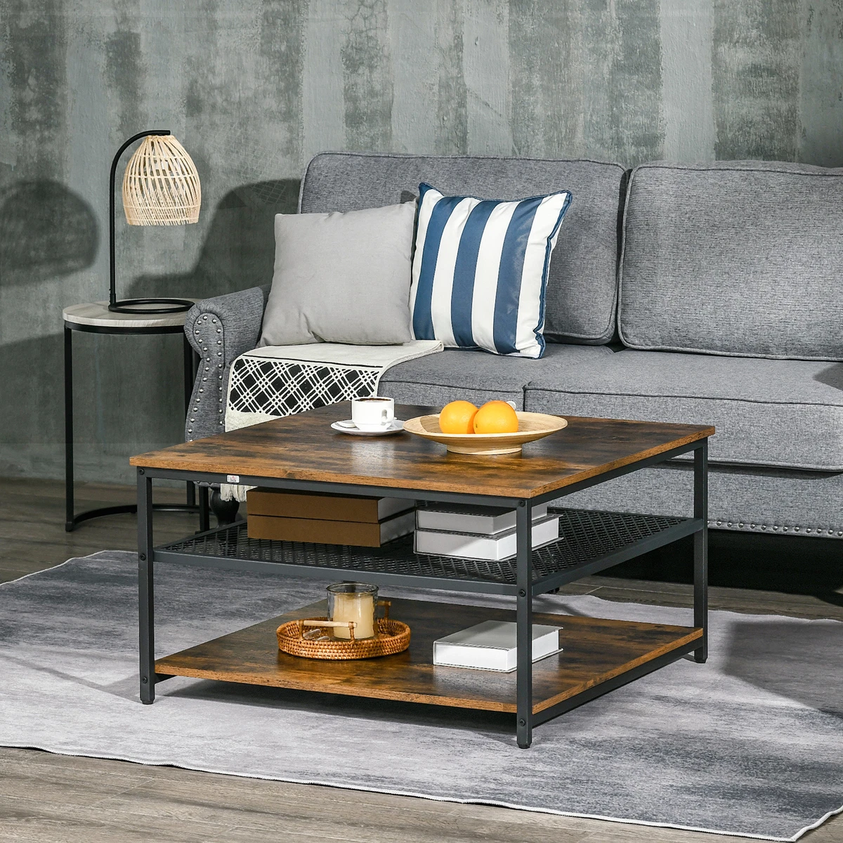 HOMCOM Industrial Coffee Table Cocktail Table W Storage Shelves Rustic Brown