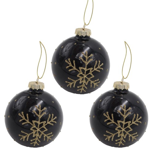 Set Di 3 Lusso 80mm Vetro Albero Natale Bagattelle - Nero con Oro Fiocco Neve