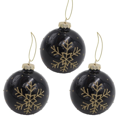 Set Mit 3 Luxus 80mm Glas Weihnachtsbaum Kugeln - Schwarz Mit Gold Schneeflocke - Bild 1 von 1