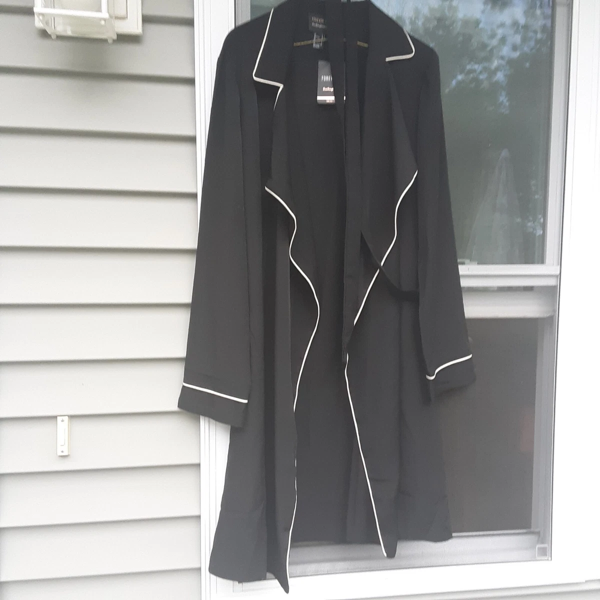 Forever 21 Long Robe Jacket w Cream Piping and Belt Size L Brand New w Tags