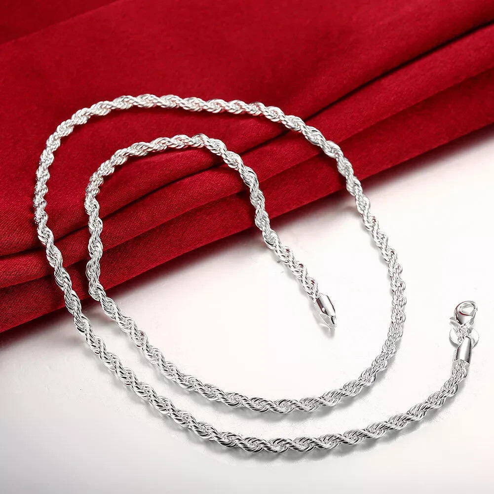 925 Sterling Silver Filled Twisted Rope Classic 4mm Solid Charm Necklace Chain