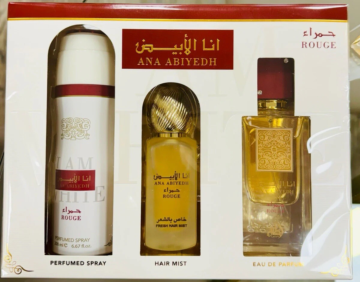 Lattafa Ana Abiyedh Rouge 3pc Set: 3.4oz EDP Spray + Hair Mist +