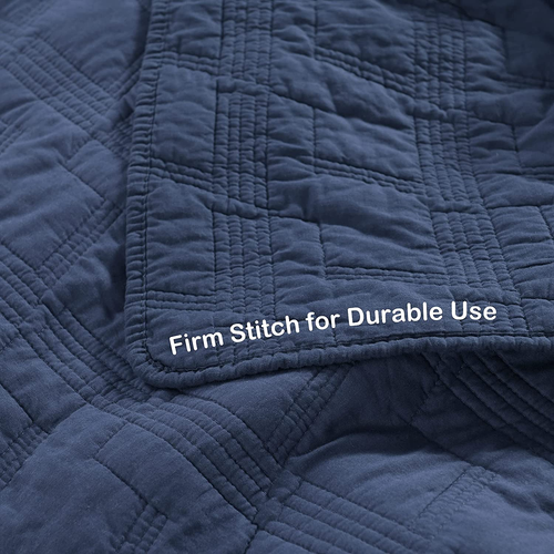 100% Cotton Quilt Set Queen Size, Navy Blue Pre-Washed 3-Piece Bedspread Coverle - Picture 4 of 7