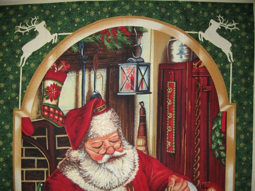 Christmas Eve Santa Wrapping Presents Cotton Fabric QT Liz Dillon 35"X44" PANEL - Picture 2 of 10