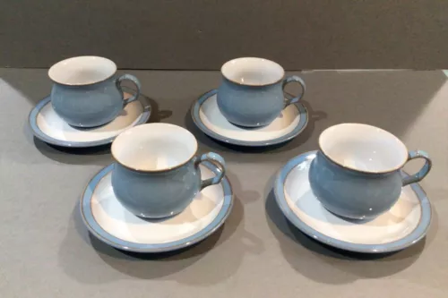 DENBY Colonial Blue Handcrafted Stoneware Set of 4 Mugs Cups and Saucers