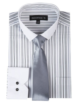 New Men's Contrast Colored Striped Dress Shirt With Slim Tie 