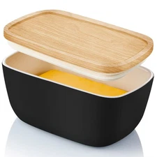 Ceramic Butter Container with Airtight Wooden Lid - Black Keeper Crock