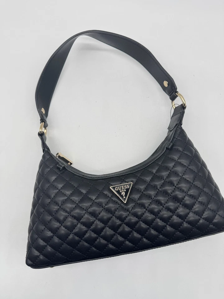 GUESS Everlee top zip quilted faux-leather small shoulder bag - Black - Image 4 of 4