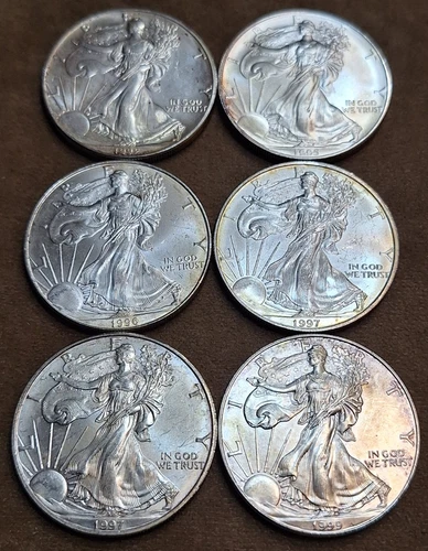 Lot of 6 American Silver Eagle 1992, 1995, 1996 ,1997, 1999 1oz .999 Fine Silver