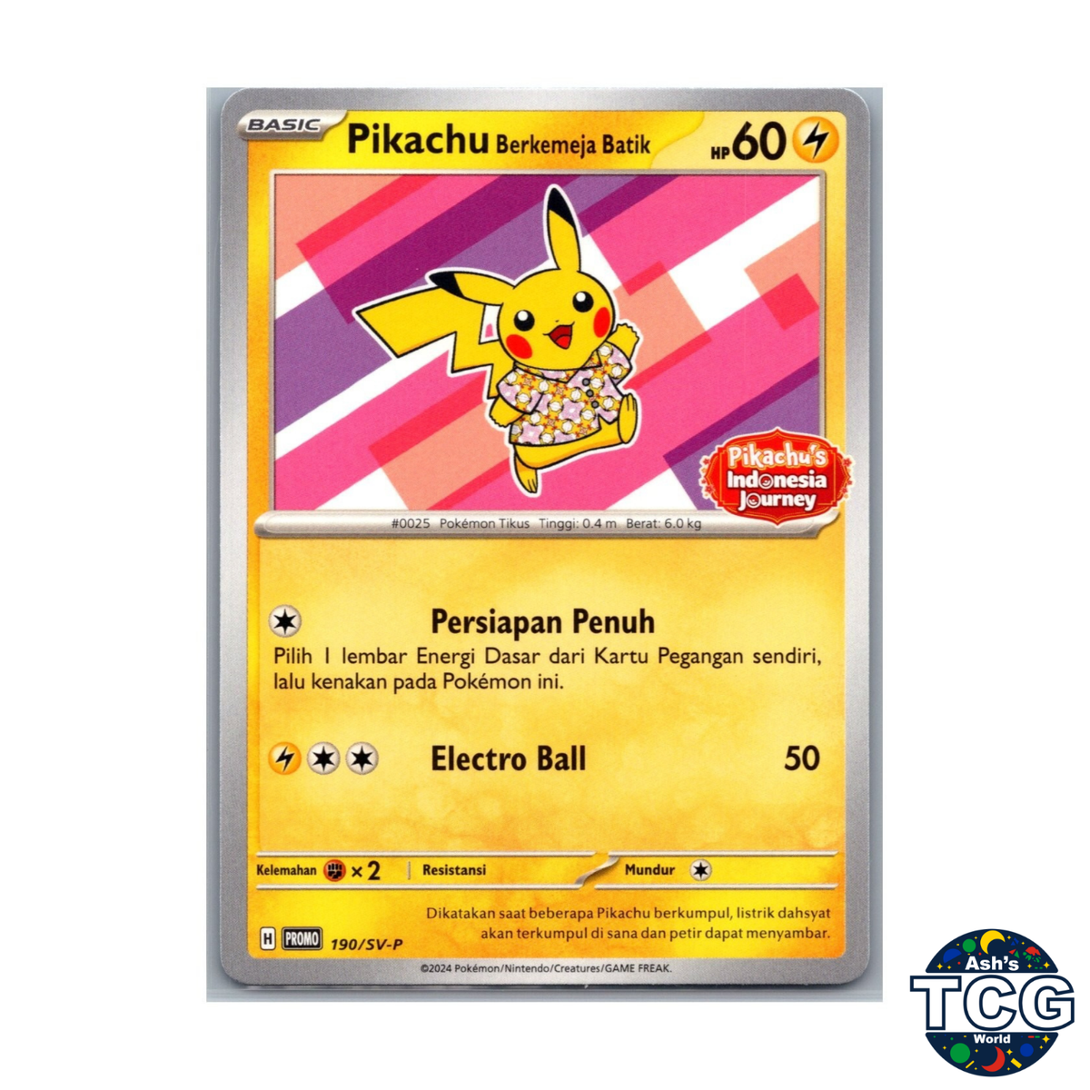 pokemon berkemeja flower promo pikachu's indonesia journey card 190/sv-p Sealed Pack Pikachu Batik 101/SV-P Greg's Game Shop Pikachu berkemeja Batik Flower Pink