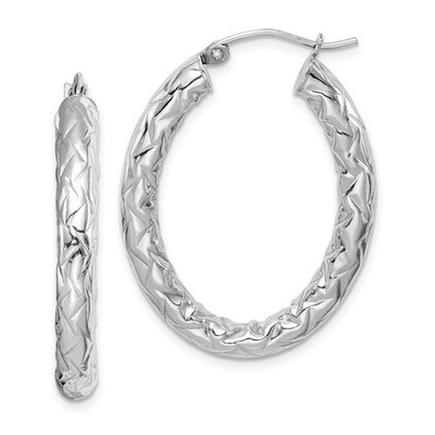 Sterling Silber RH-plattiert Diamantschliff Strukturiert 4mm Oval Creolen