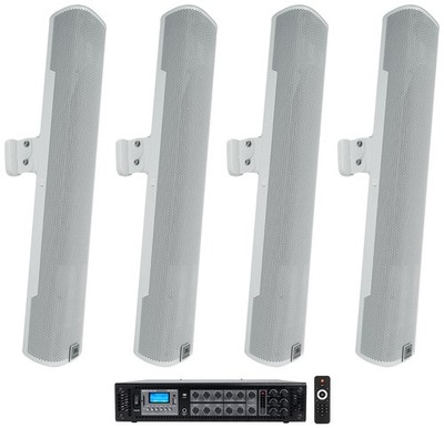 (4) JBL COL600-WH 24'' White 70V Commercial Column Wall Mount Array Speakers+Amp