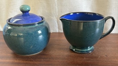 Denby Stoneware England Metz Blue Green Covered Sugar Bowl & Creamer Set