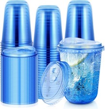 50 Pack 16 oz Blue Plastic Cups with Sip Lids, Disposable Strawless Wine Glasses