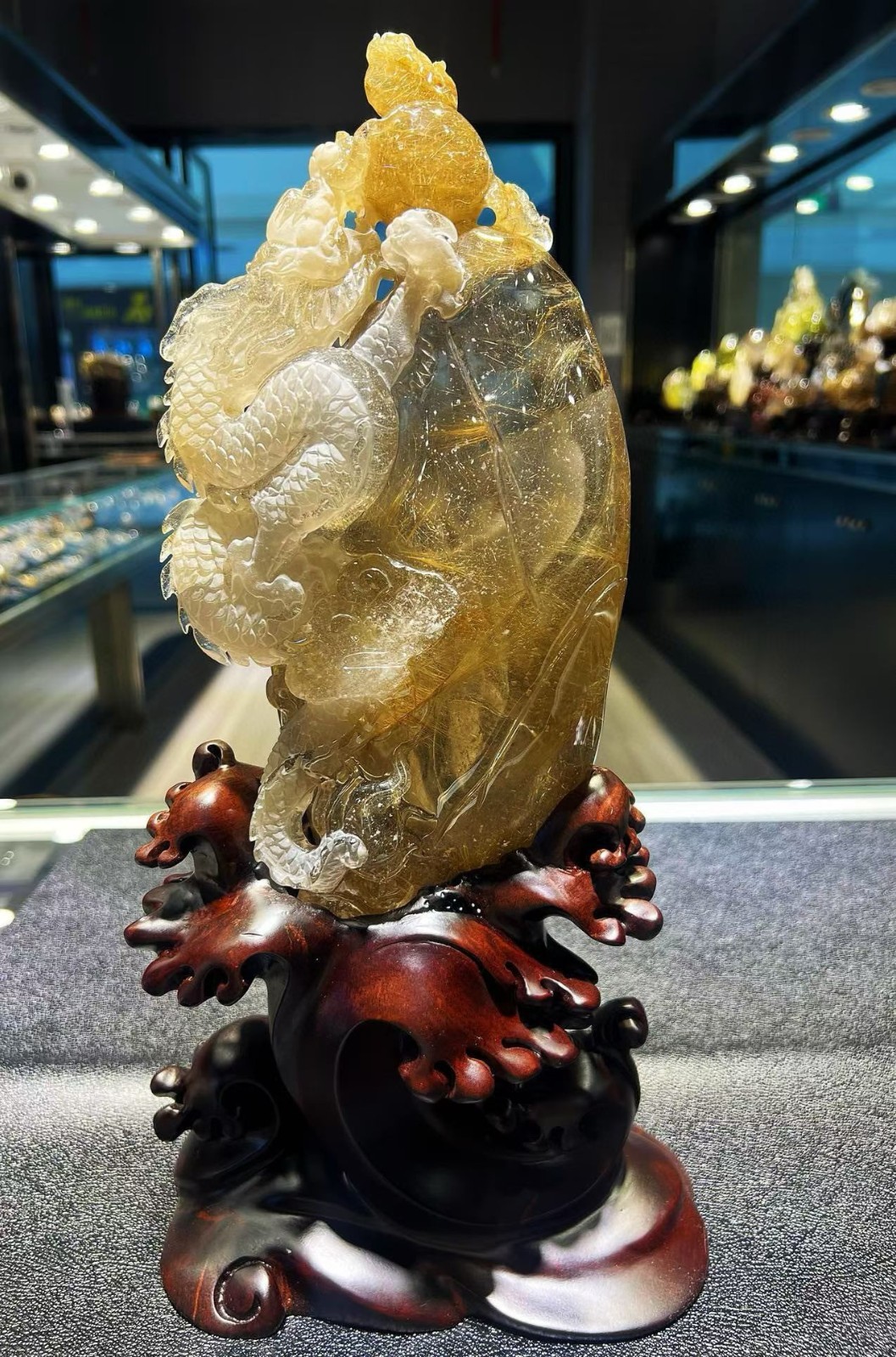 8.6LB Top Natural Gold Rutilated Quartz Carved Crystal Dragon Reiki Decor+Stand