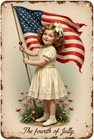 Patriotic Girl with American Flag Vintage Tin Metal Signs Home Décor 8x12