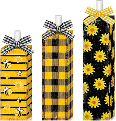 3 Pcs Sunflower Bee Table Decorations Summer Wooden Block Sign Black Yellow Buff